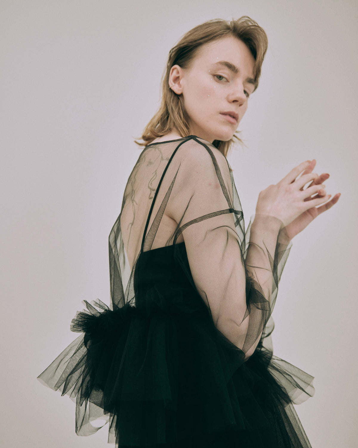 Tulle Asymmetric Drape Top